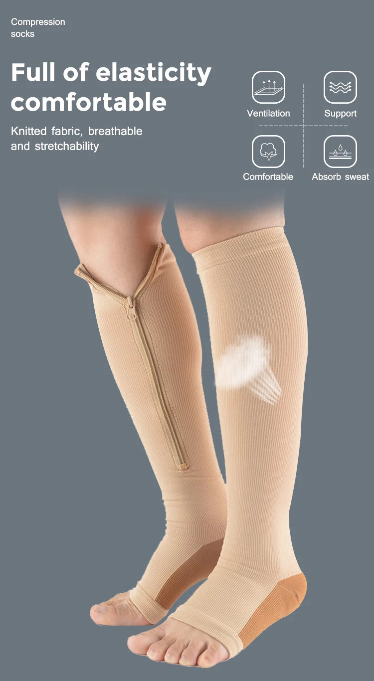 Zip-Up Compression Socks - Open Toe Knee Support for Men & Women