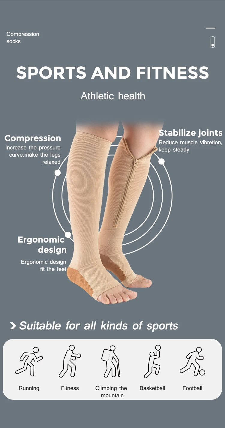 Zip-Up Compression Socks - Open Toe Knee Support for Men & Women