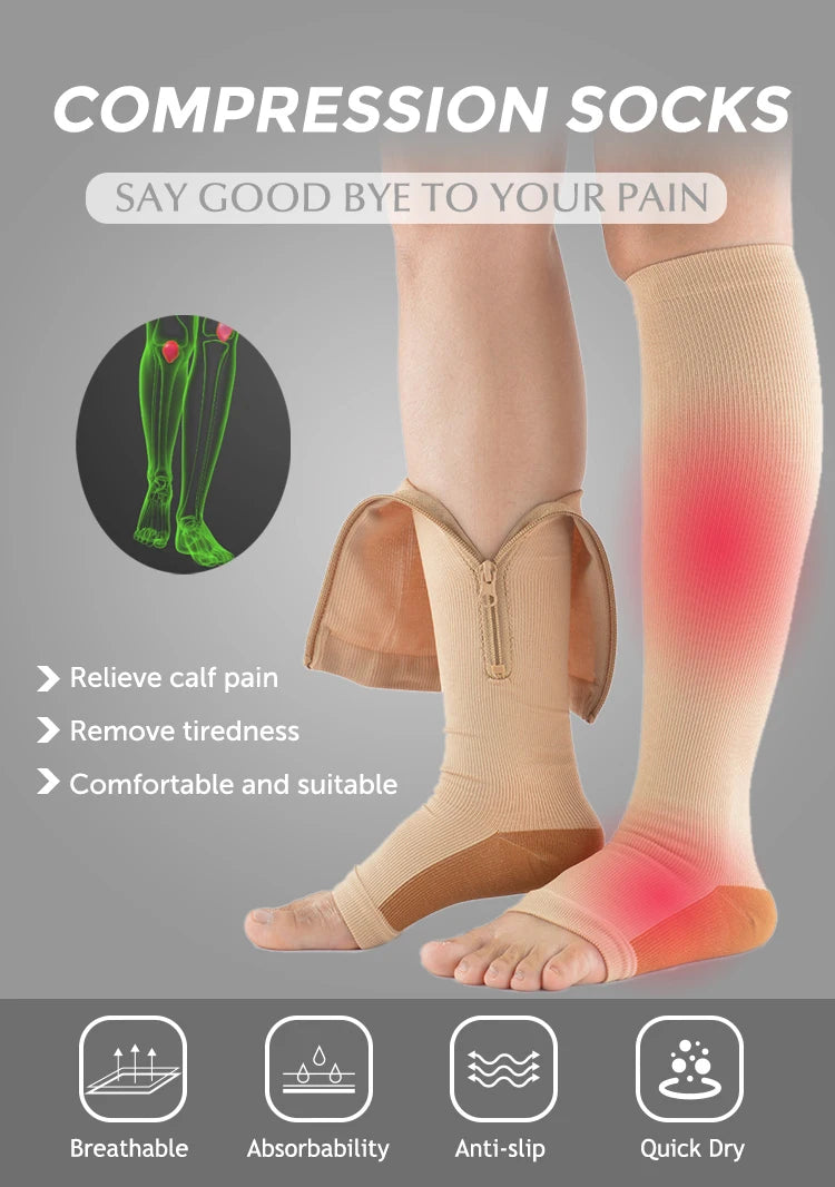 Zip-Up Compression Socks - Open Toe Knee Support for Men & Women