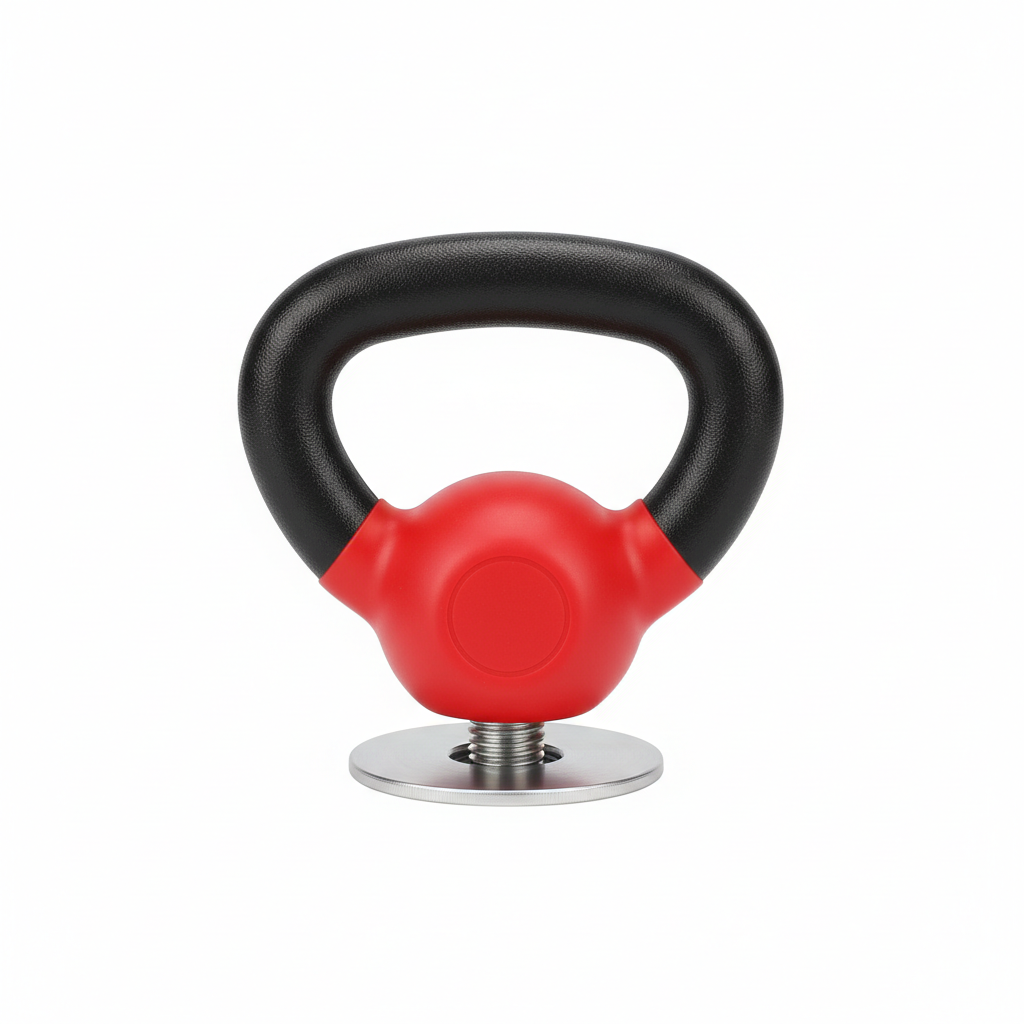 Black and red D-shaped portable kettlebell handle with threaded bolt