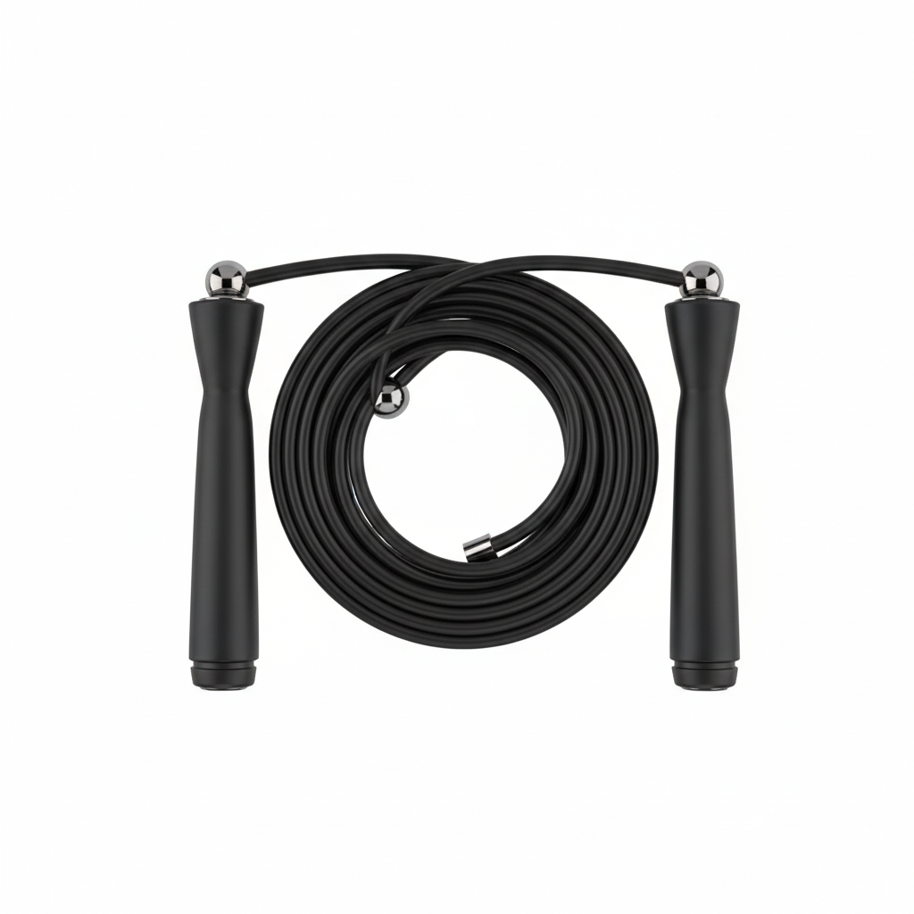 Black PVC jump rope with cylindrical handles coiled in a circle