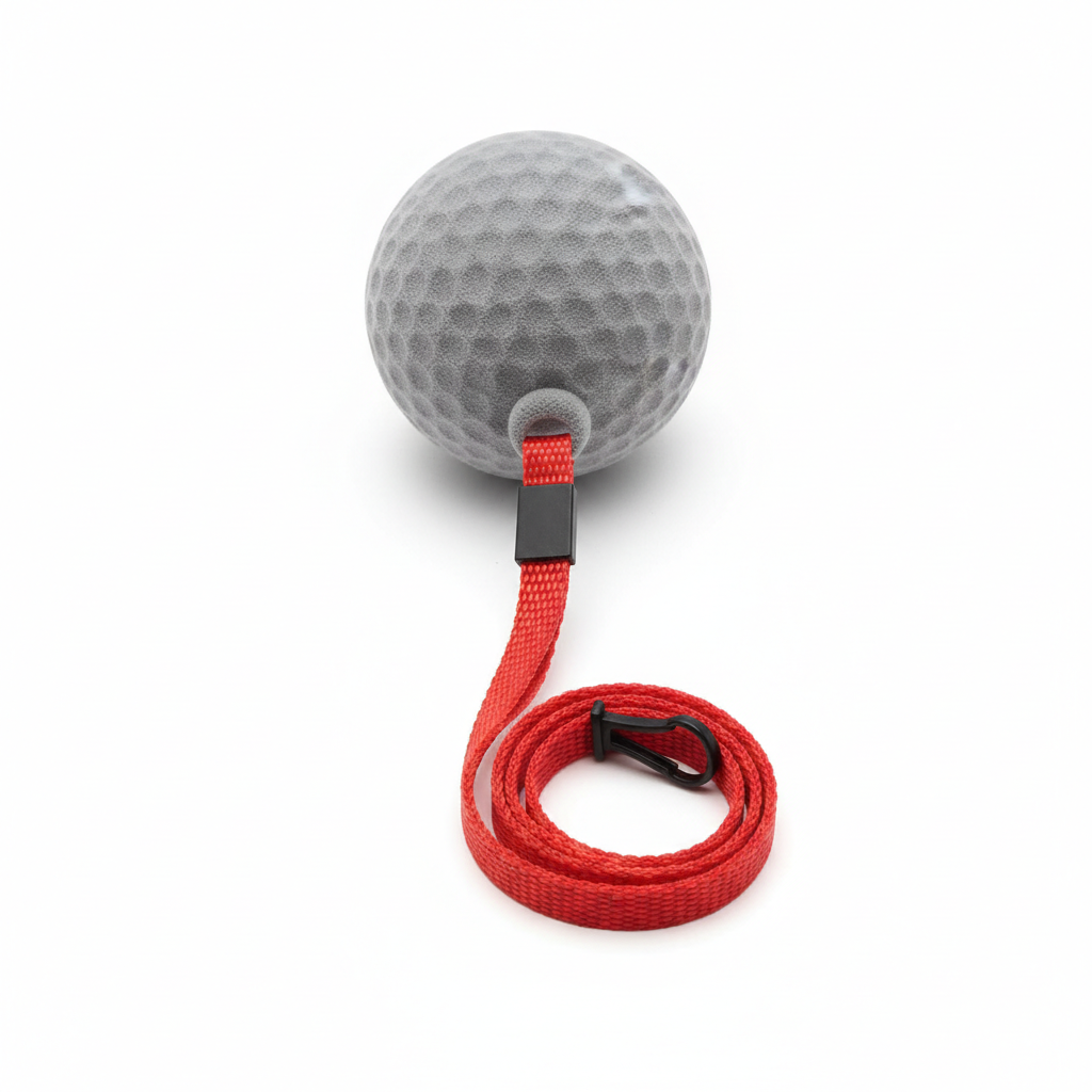 Grey foam inflatable golf swing training ball with red lanyard