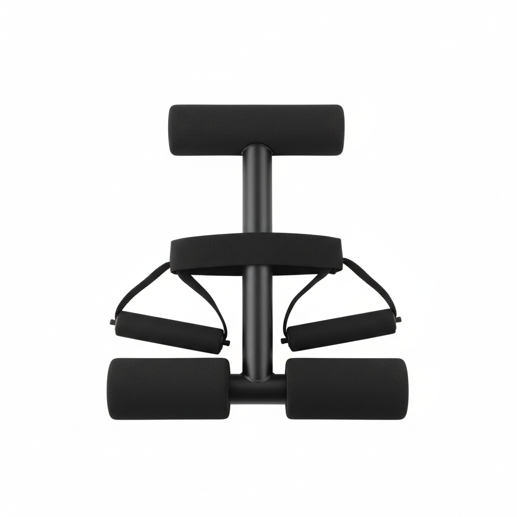 Black sit-up assist bar with foot anchor and resistance band