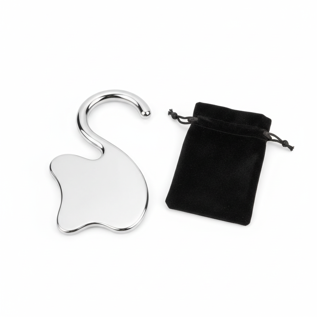 S-curved stainless steel IASTM muscle scraper with velvet pouch