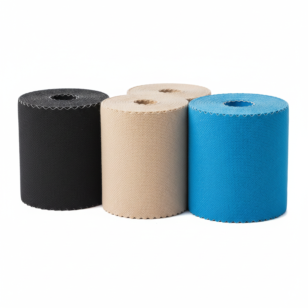 Three rolls of kinesiology tape in black, beige and blue