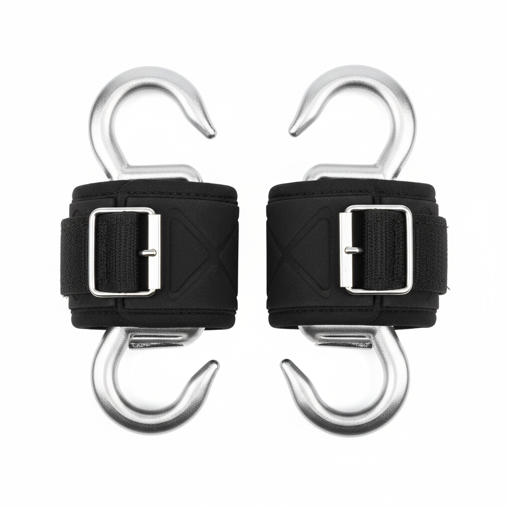 Black weightlifting hook grip wrist wraps with metal J-hooks