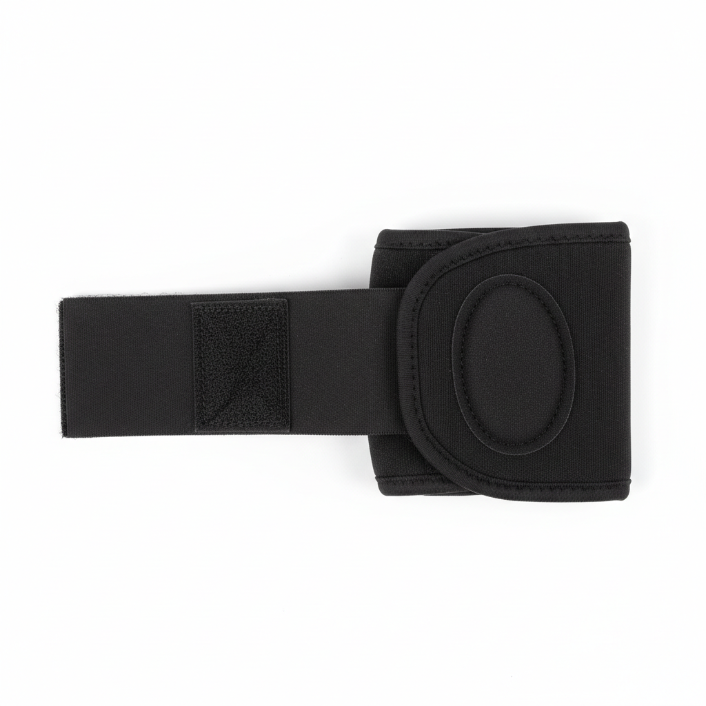 Black neoprene tennis elbow strap with velcro wrap and pressure pad