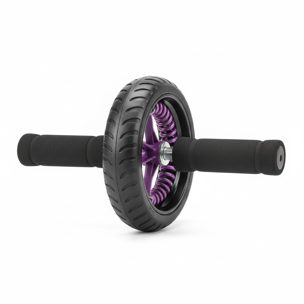 Purple and black spring-loaded abdominal roller wheel