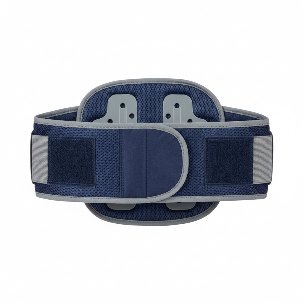 Grey and dark blue lumbar back brace with mesh panels