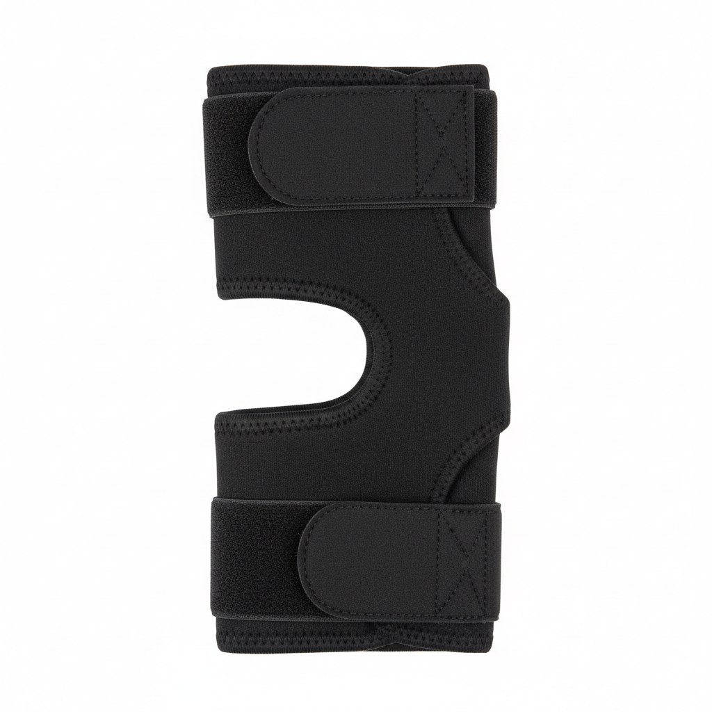 Black neoprene open-elbow brace with velcro straps