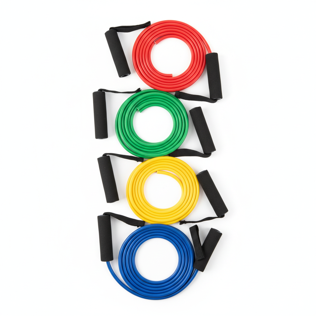 4 latex resistance tube bands with foam handles in red, green, yellow and blue