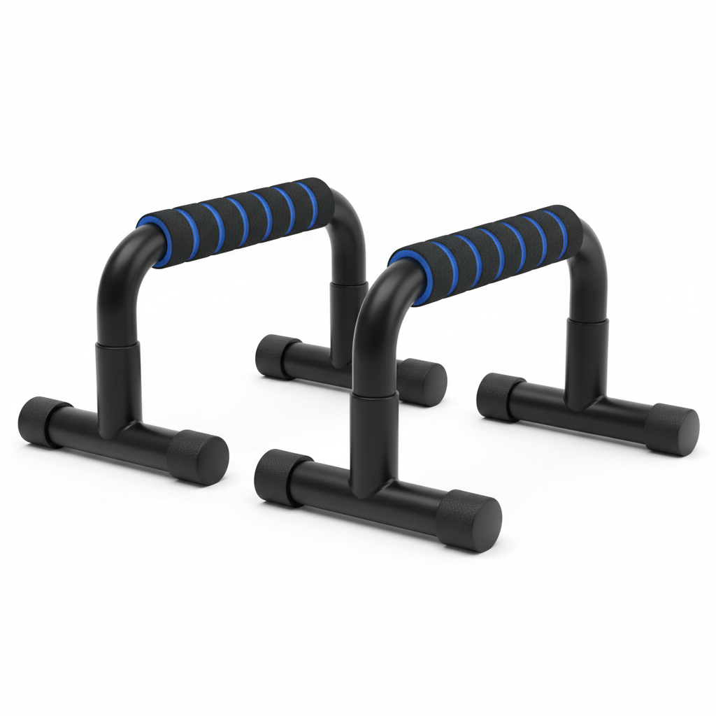 Black H-shaped push-up bars with blue foam grips