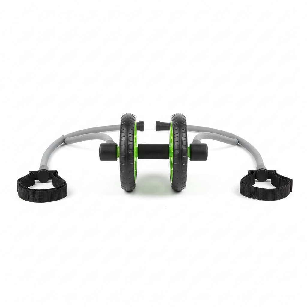 Green and black double-wheel ab roller with resistance tubes and foot straps