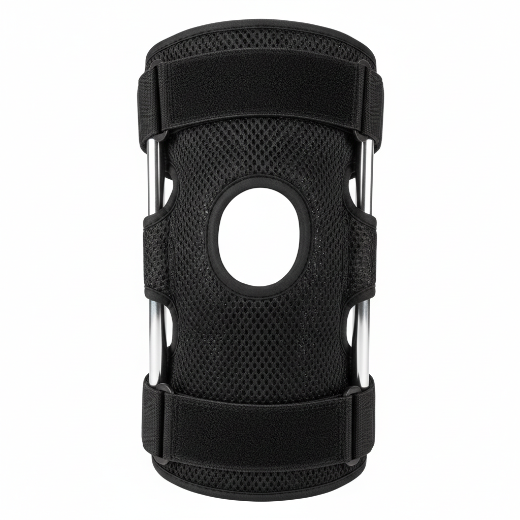 Black medical-grade hinged knee brace with dual metal stabilisers