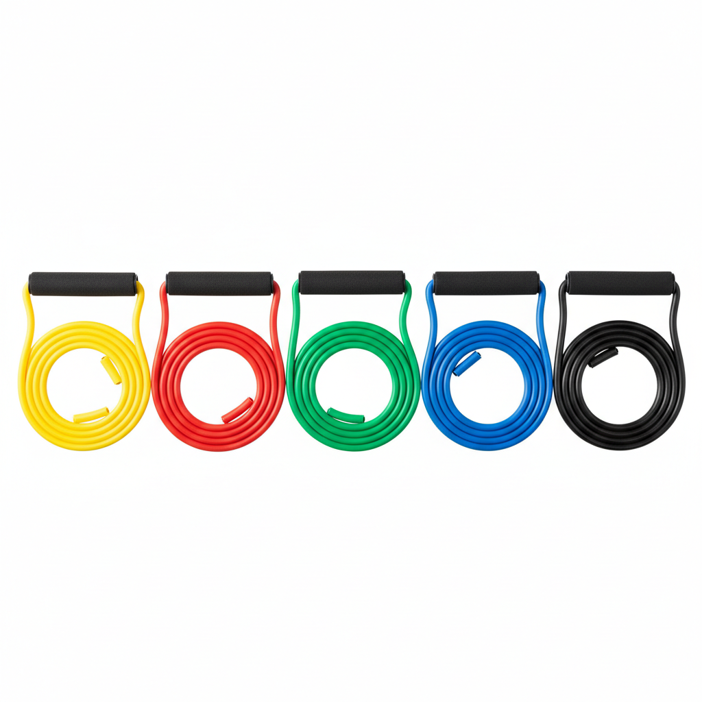 5 latex resistance tube bands with foam handles in 5 colours