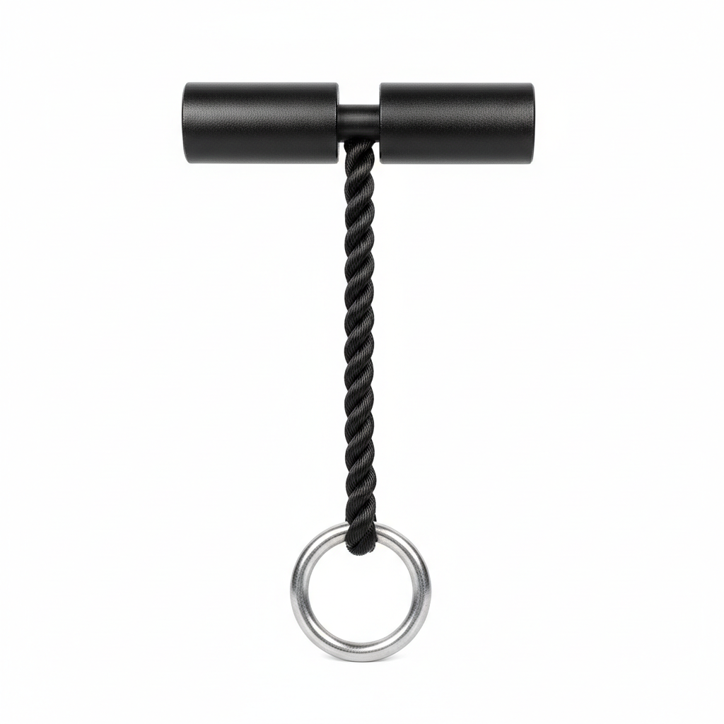 Black iron wrist roller bar with rope and D-ring handle