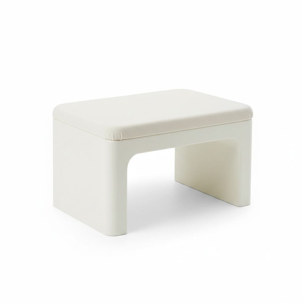 White plastic under-desk footrest stool with arched legs
