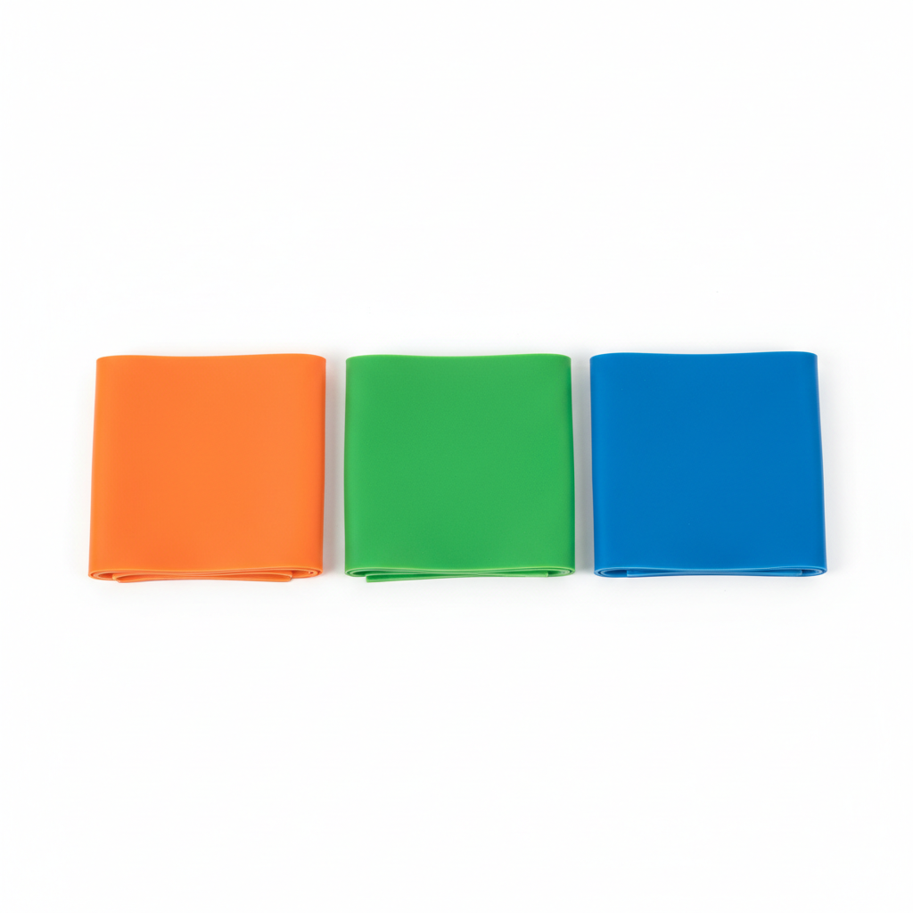 3 flat latex yoga stretch bands in orange, green and blue