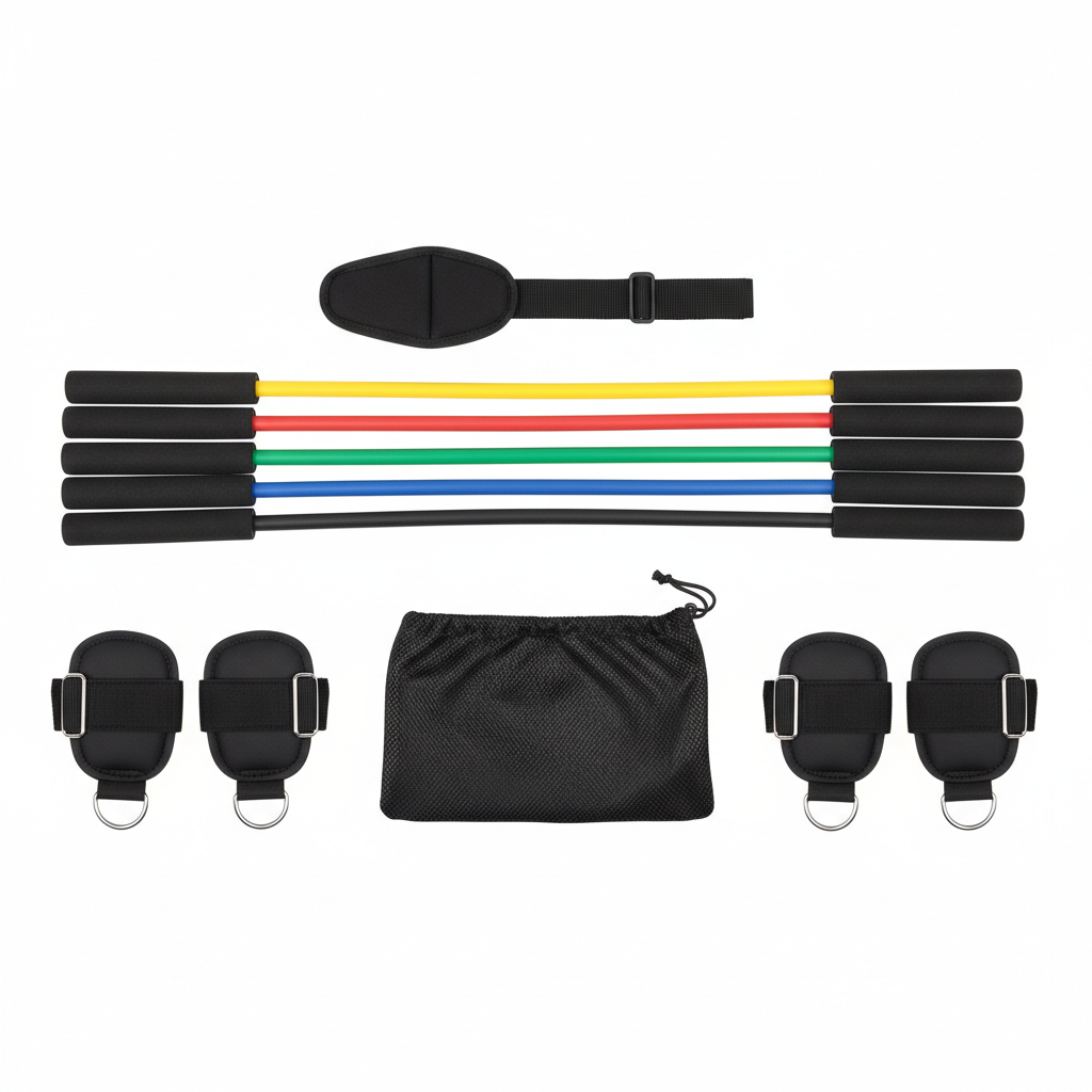 11-piece resistance band set with coloured tubes, handles, door anchor and bag