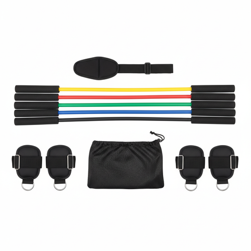 11-piece resistance band set with coloured tubes, handles, door anchor and bag