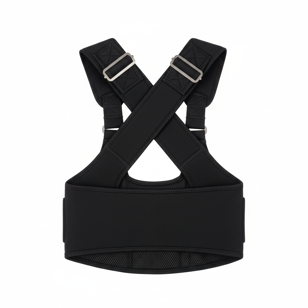 Black full-torso posture corrector with X-cross back straps and lumbar belt
