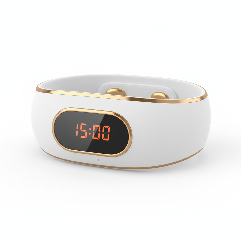 White oval EMS vibration massage belt with gold trim LED display