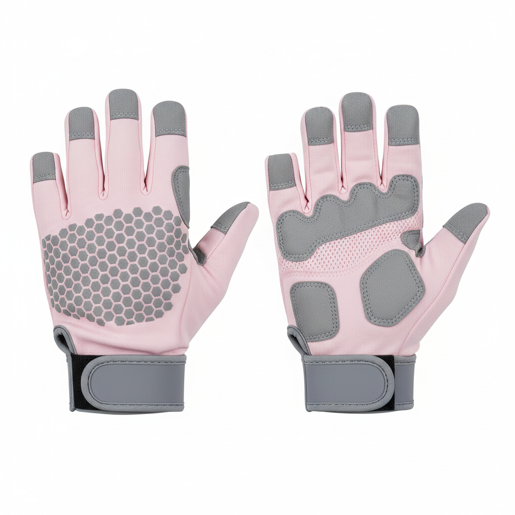 Light pink and grey half-finger gym gloves with honeycomb grip